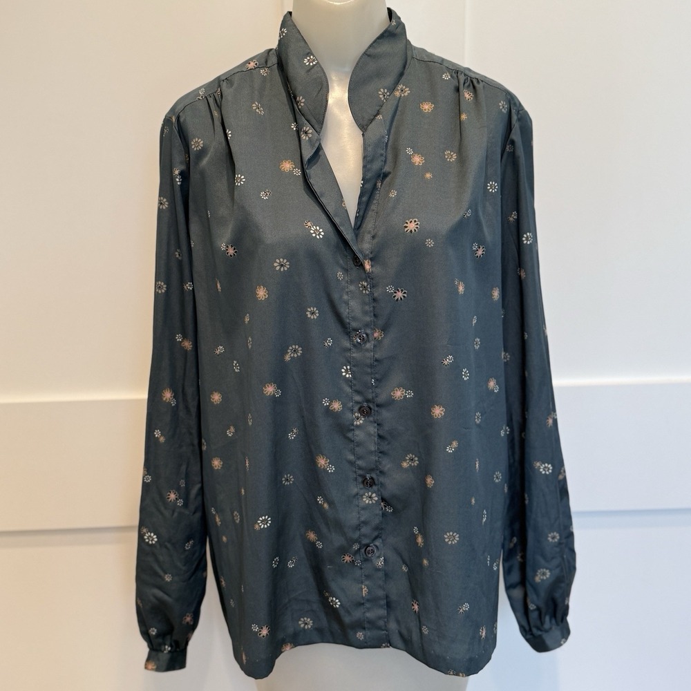 Vintage Amanda Floral‎ Button Front Blouse Women's 11/12 Blue Band Collar LS